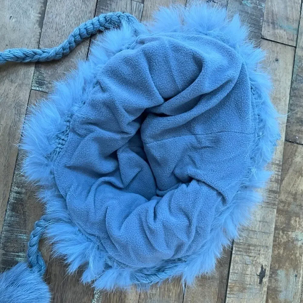 Gray Women's Trapper-Style Hat Braided Cable Knit Genuine Fur Trim